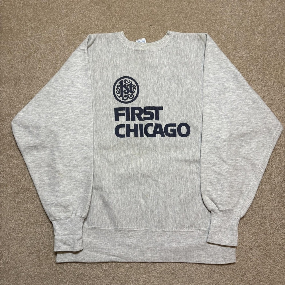 Vtg 90s Champion Reverse Weave Sweatshirt First‎ Chicago Bank Mens Large Gray